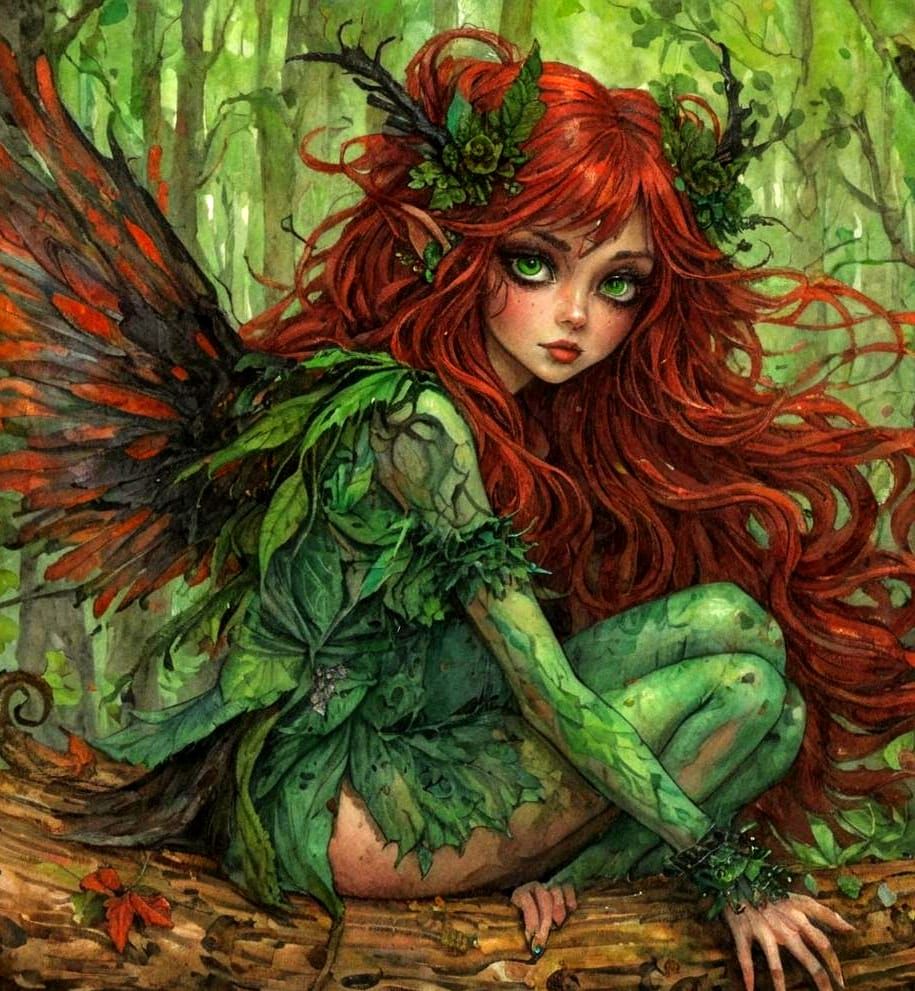 Gothic Dryad Faerie with Green Eyes as Watercolour