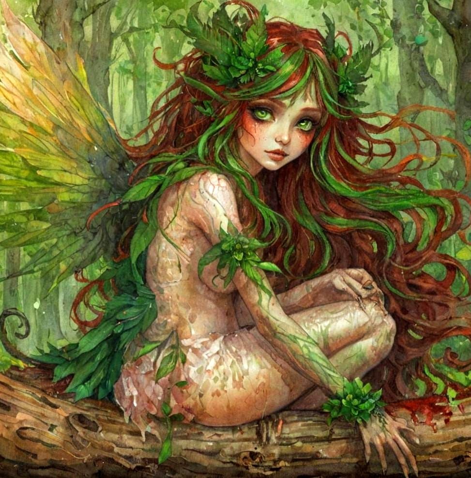 Gothic Dryad Faerie with Green Eyes, Watercolour Art