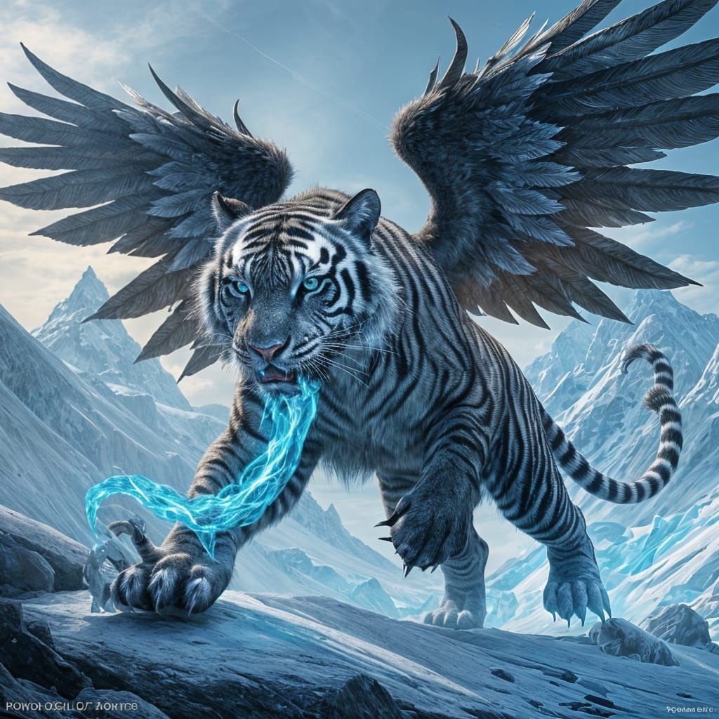 Majestic Winged Tiger Breathing Blue Fire
