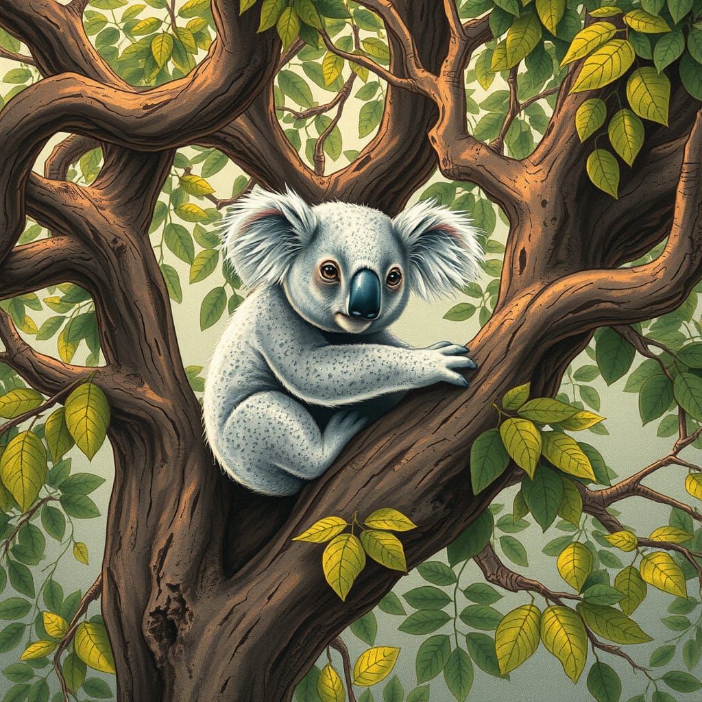 Koala in a Whimsical, Dreamlike Eucalyptus Tree Scene