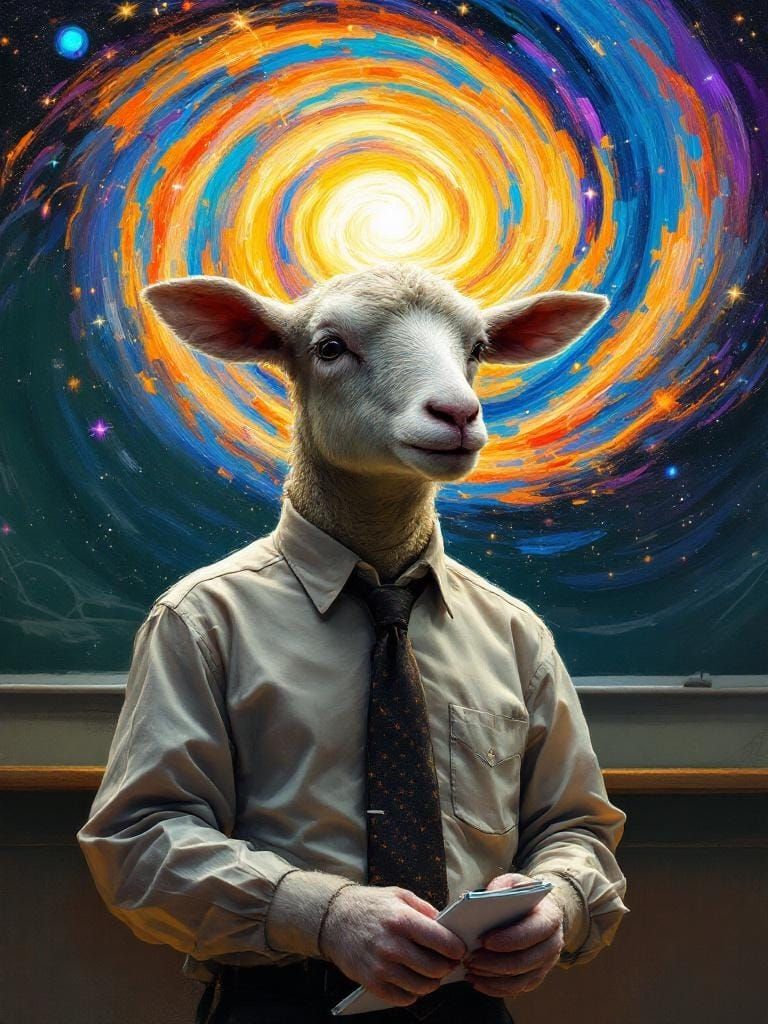 Anthropomorphic Lamb Teacher with Galaxy Brain, Surreal Art