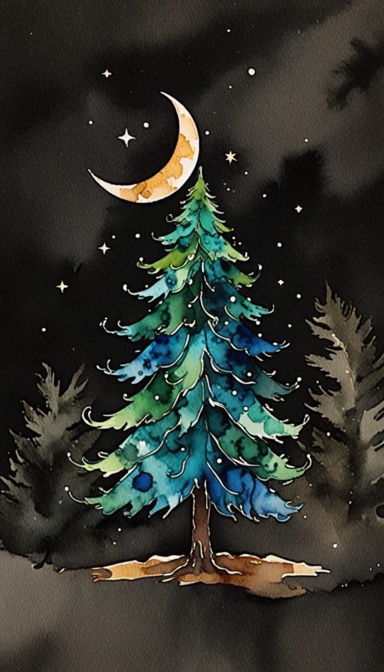 Ethereal Christmas Tree Under Crescent Moon Watercolor Art