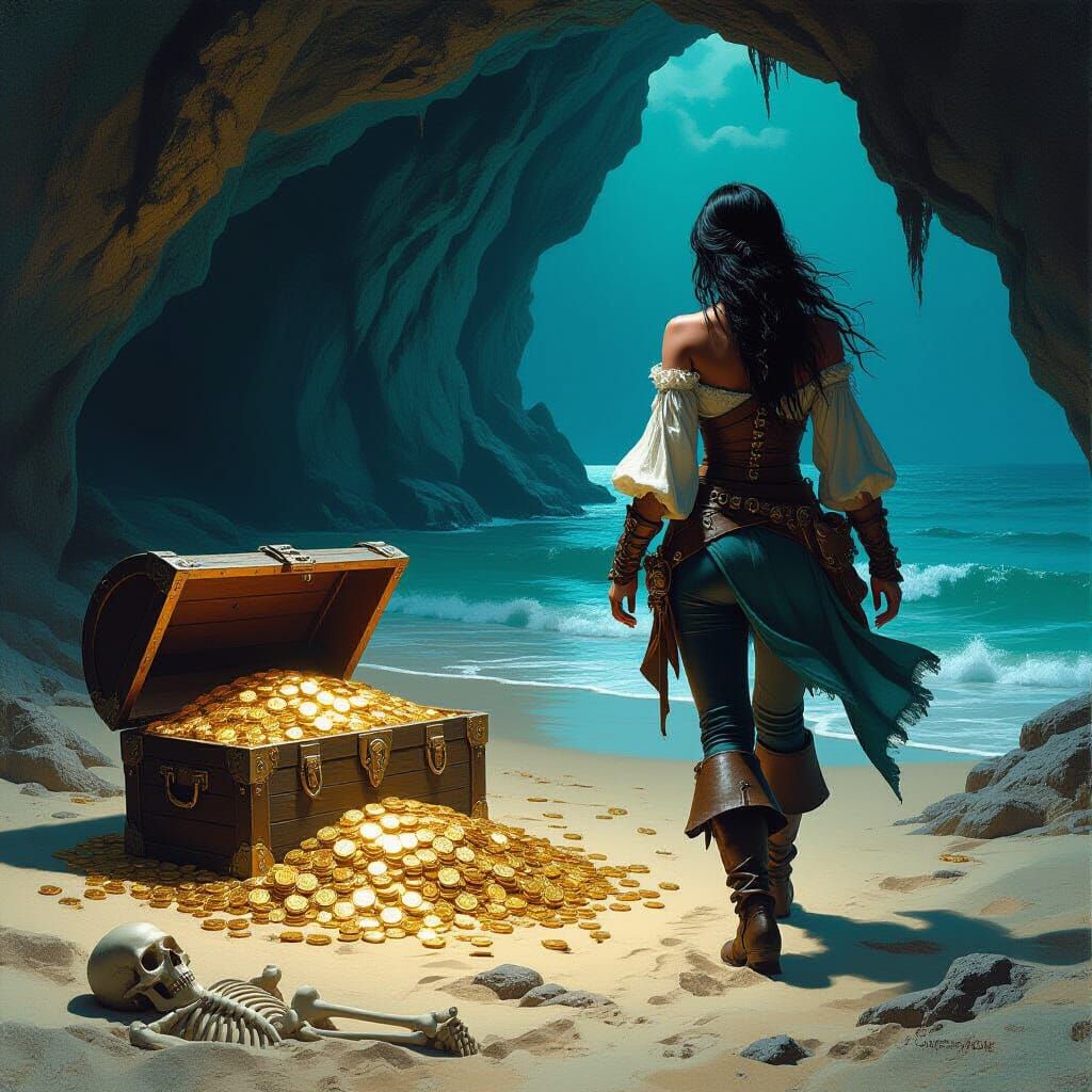 Pirate Treasure in Sea Cave as Fantasy Oil Painting