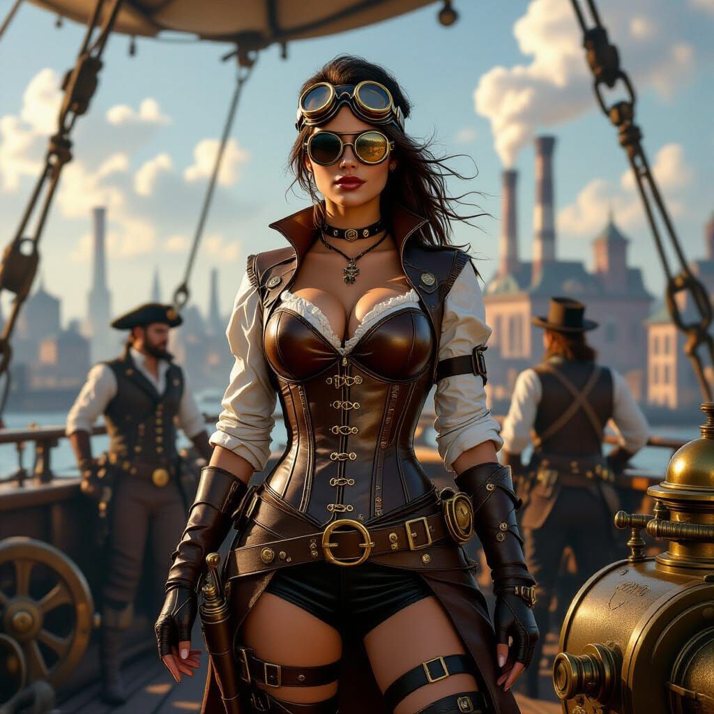 Steampunk Pirate Captain and Crew on Airship Deck