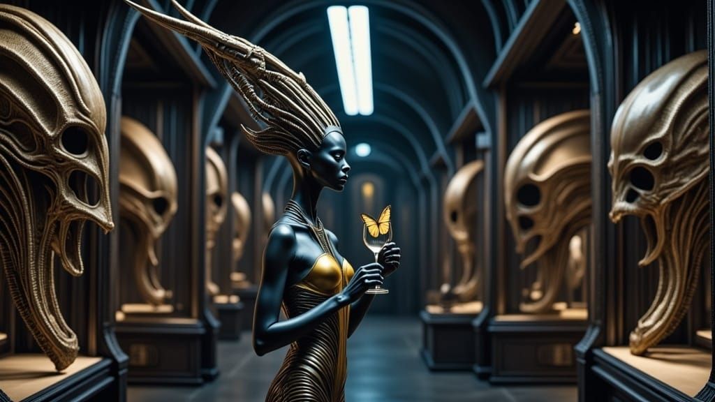 Majestic Alien Contemplates Art in a Surreal Museum Gallery