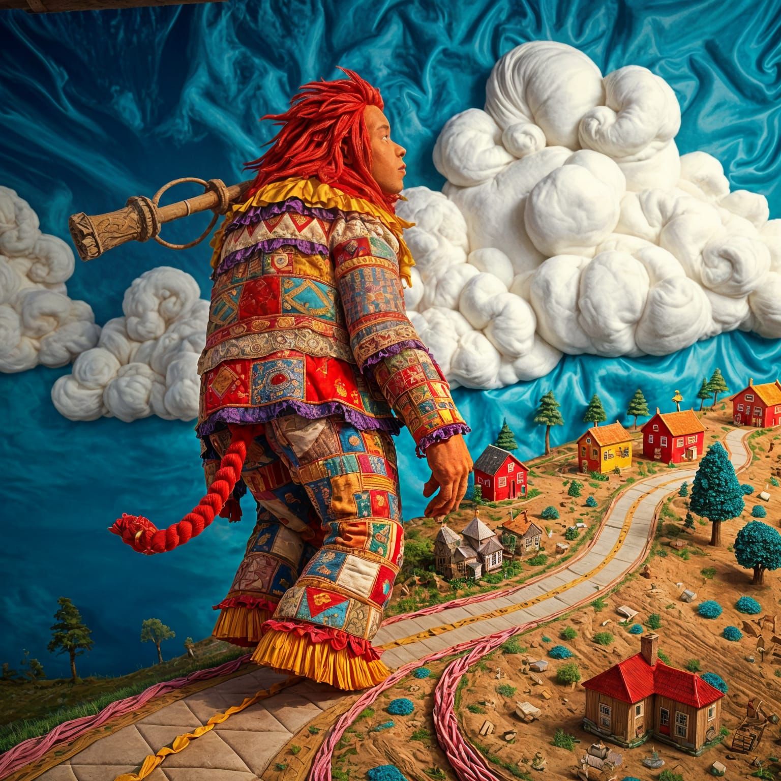 Friendly Textile Giant Walking Down a Vibrant Road