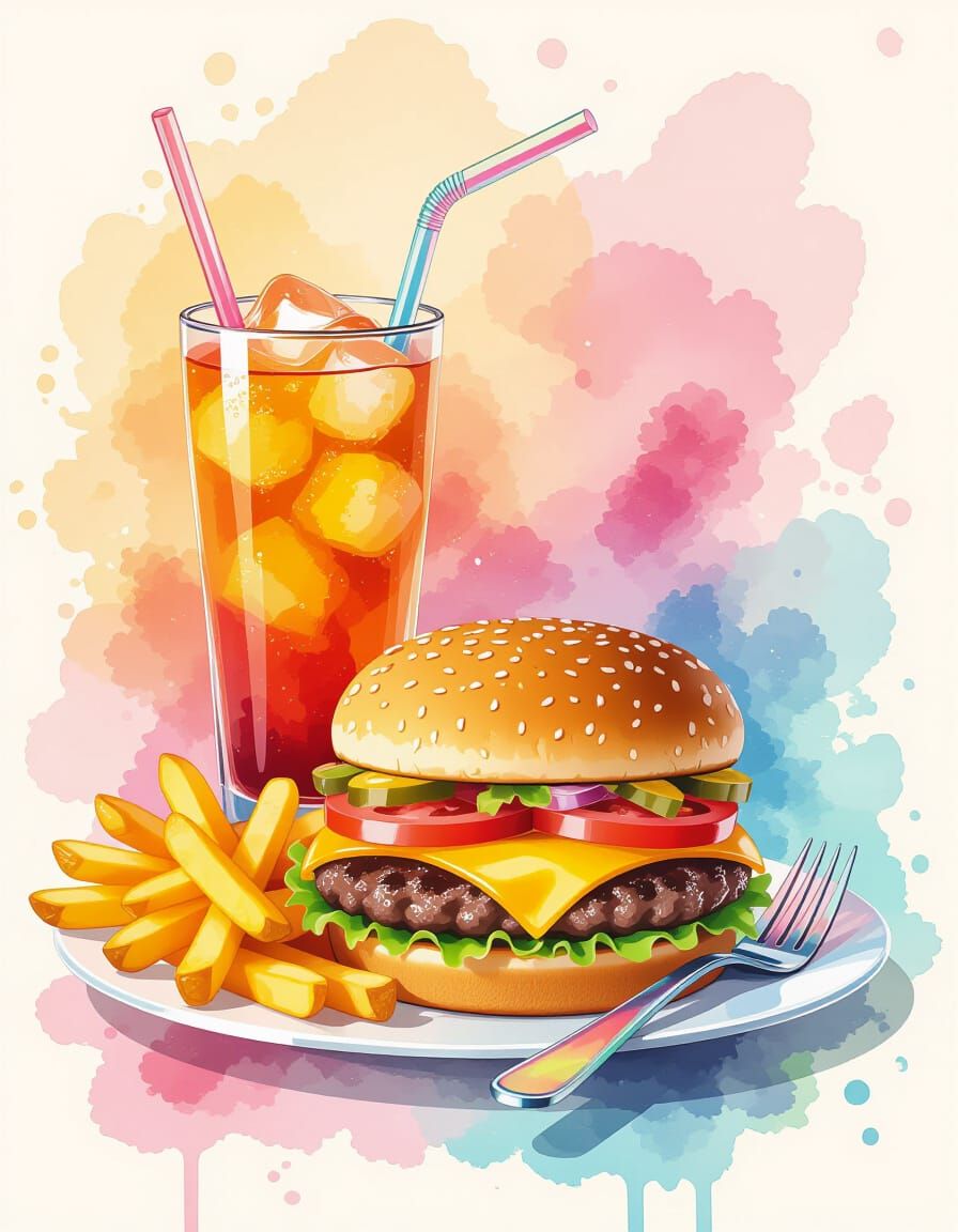 Juicy Cheeseburger and Fries in Watercolor Splash Art