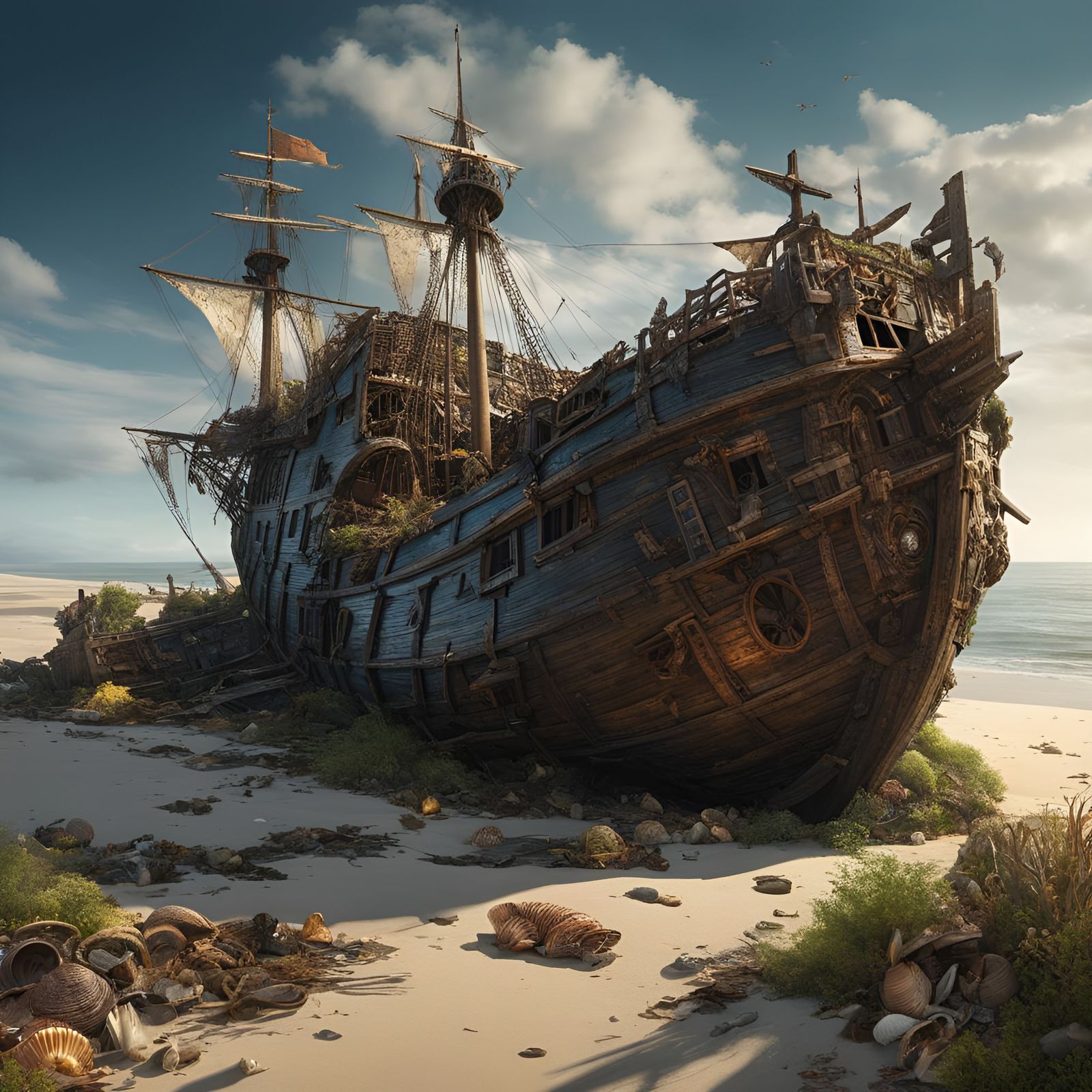 Derelict Pirate Shipwreck on a Treasure-Strewn Beach