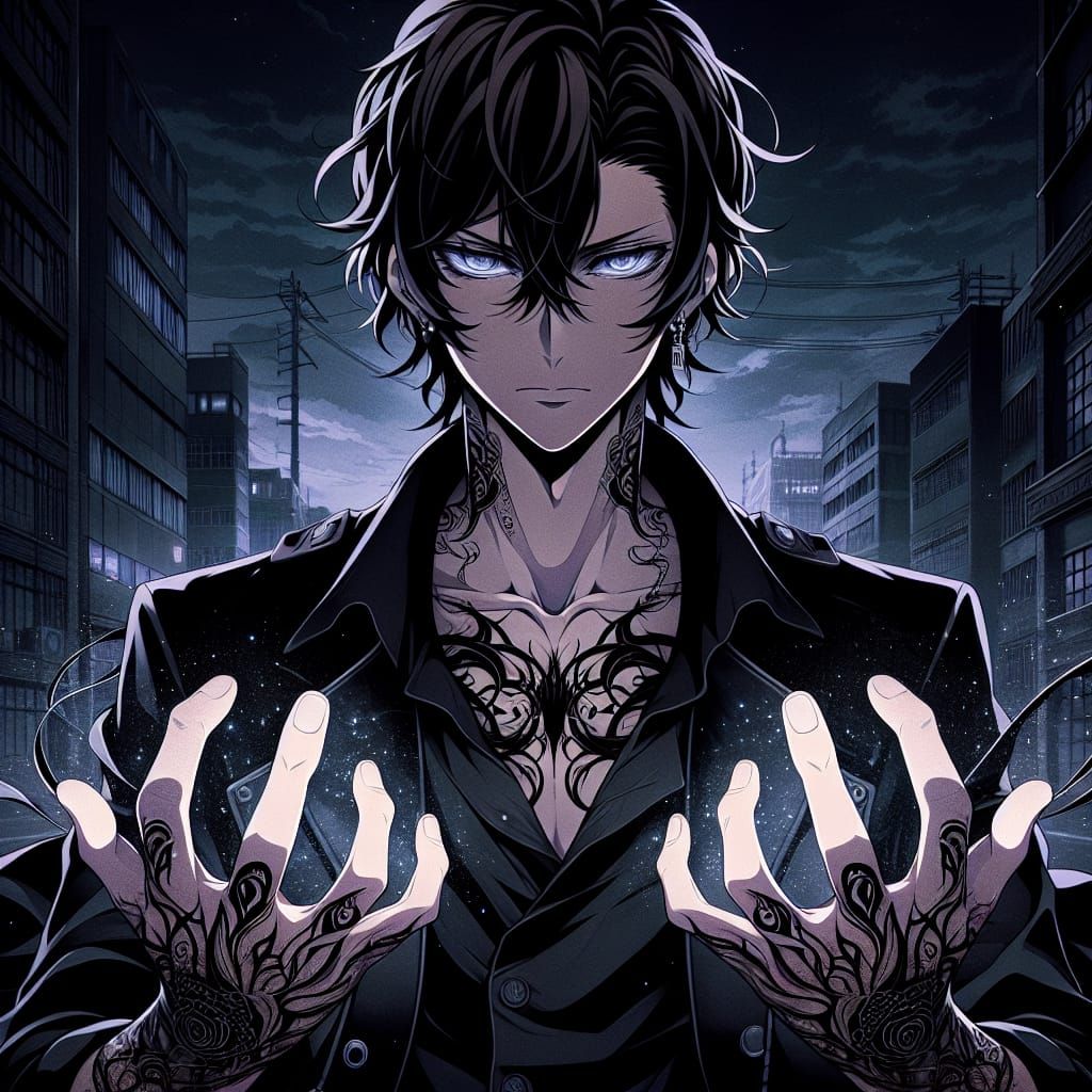 Manga Hero with Black Fire in Dark City