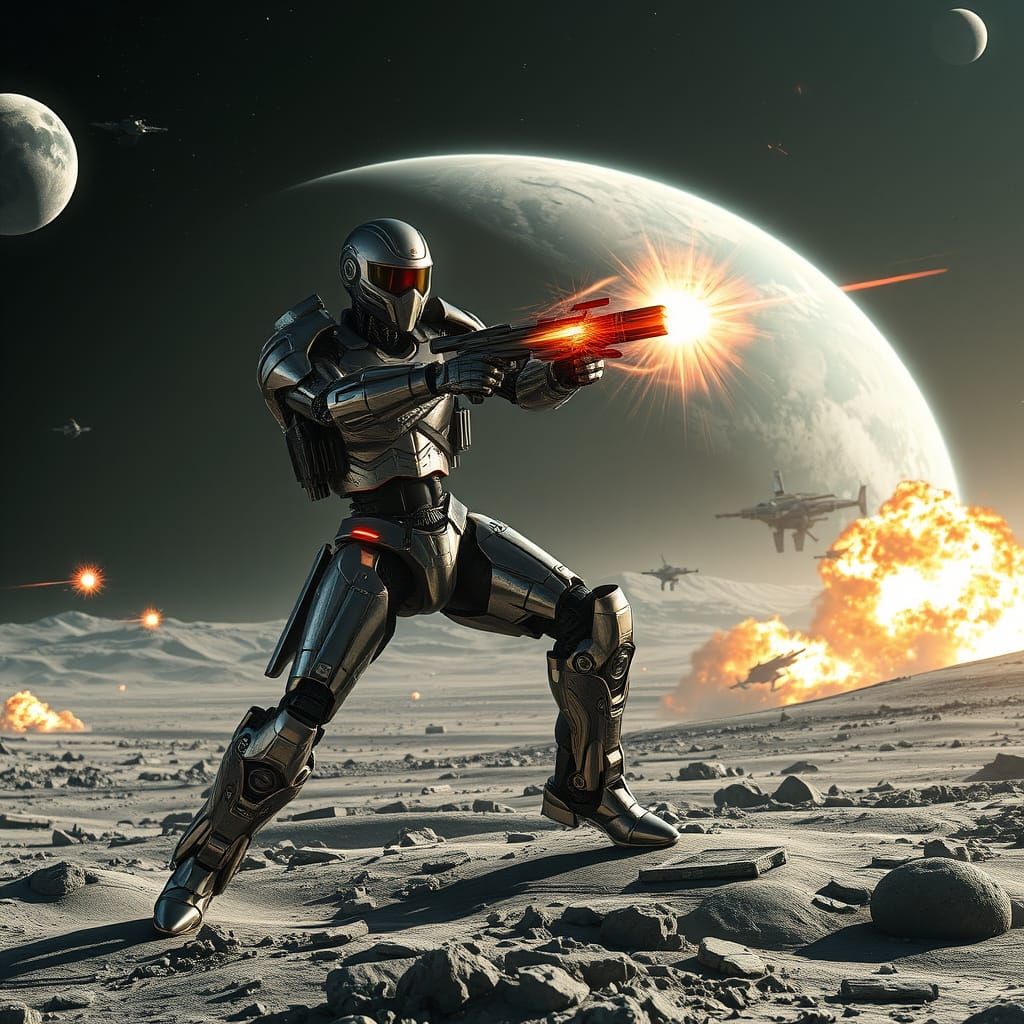 Cybernetic Warrior Unleashes Laser Fury on Lunar Battlefield