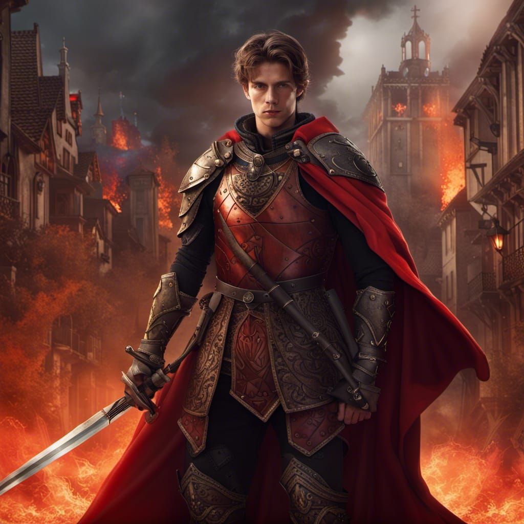 Young Knight in Black Armor Before Burning Town