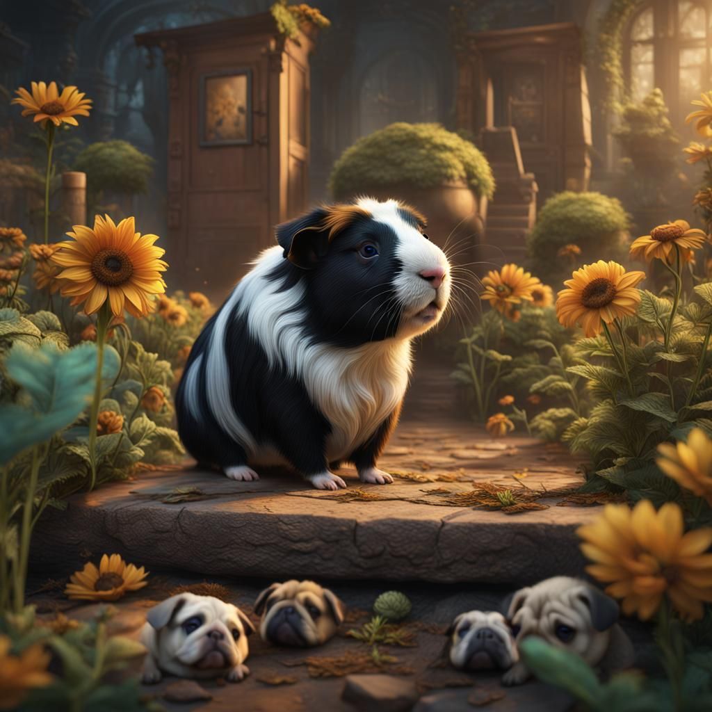 Guinea Pig Surrounded by Baby Pugs: Detailed Matte Painting