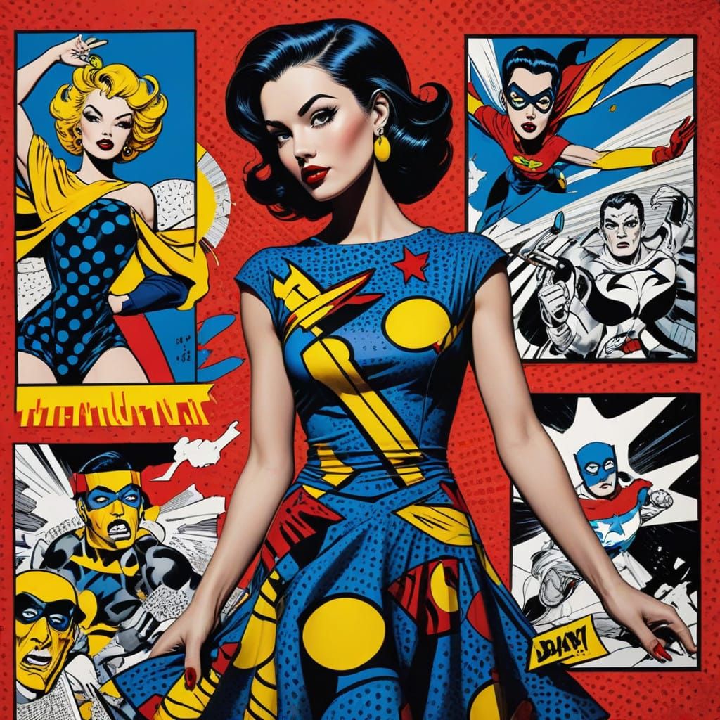 Vibrant Pop Art Woman with Graphic Print Dress and Statement...