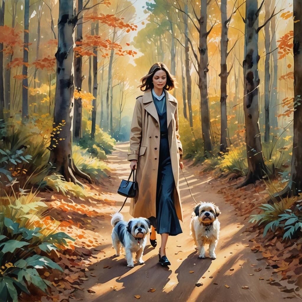 Woman Walking Dog in Forest, Impressionism Watercolor