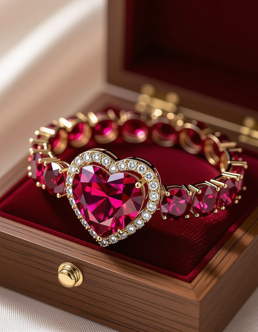 Regal Ruby Heart Bracelet in 3D Luxury Photography Style