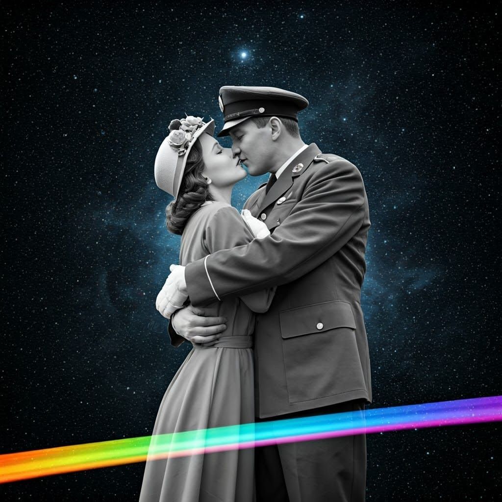 Romantic Black-and-White Couple on Vintage Train in Cosmic D...