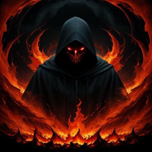 Hooded Figure in Fiery Surrealist Landscape