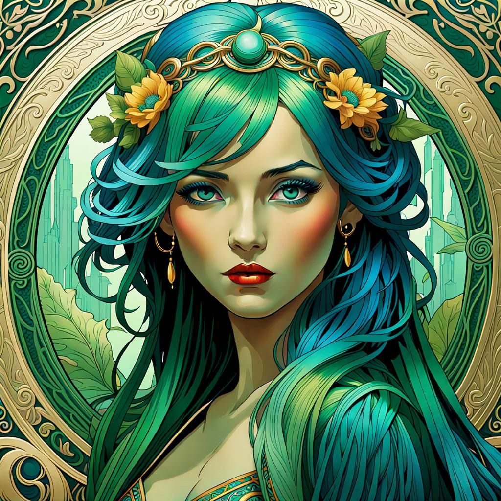 Art Nouveau Lady with Green and Blue Hair