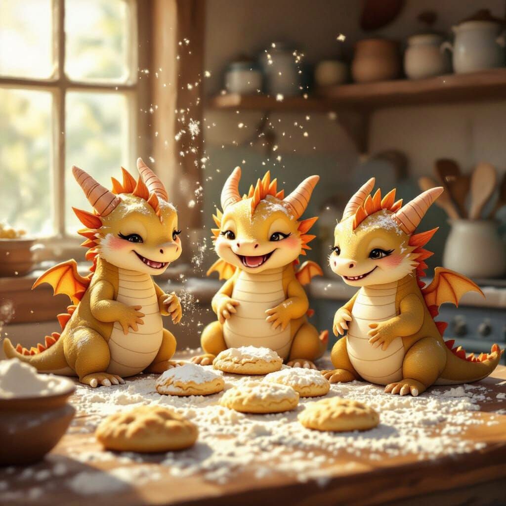 Adorable Flour-Covered Dragons Baking Biscuits in Storybook ...