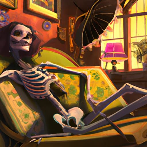 Elegant Skeleton Lady in Bohemian Interior