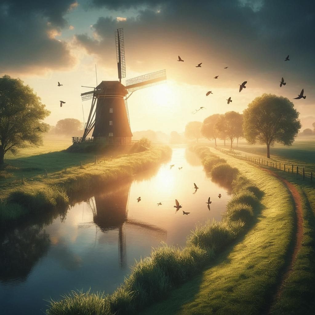 Sunlit River with Windmill in Expressionist Style