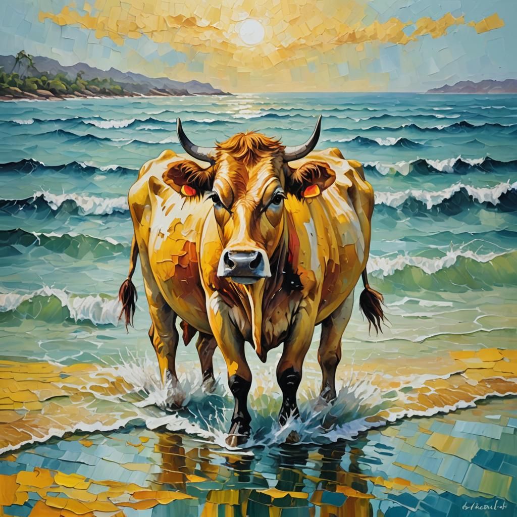 Yellow Cow in Ocean: Impasto Expressionist Painting