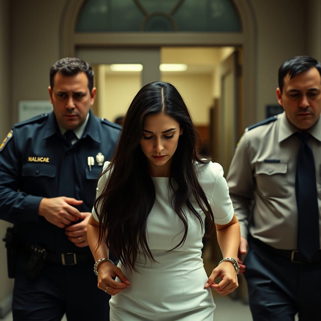 Defeated Woman Escorted Out of Courtroom in 35mm Film Style