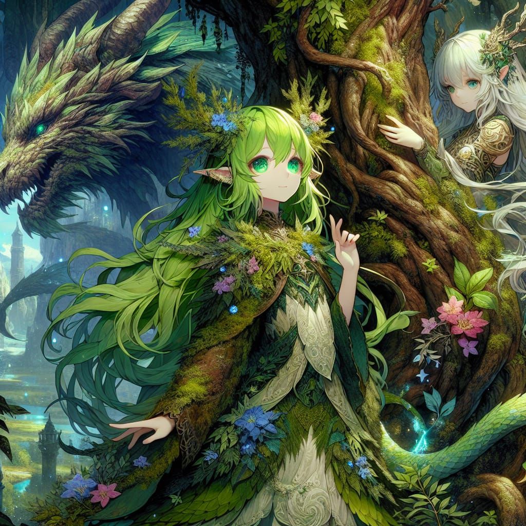 Anime Dryad with Forest Dragon in Fantasy Art
