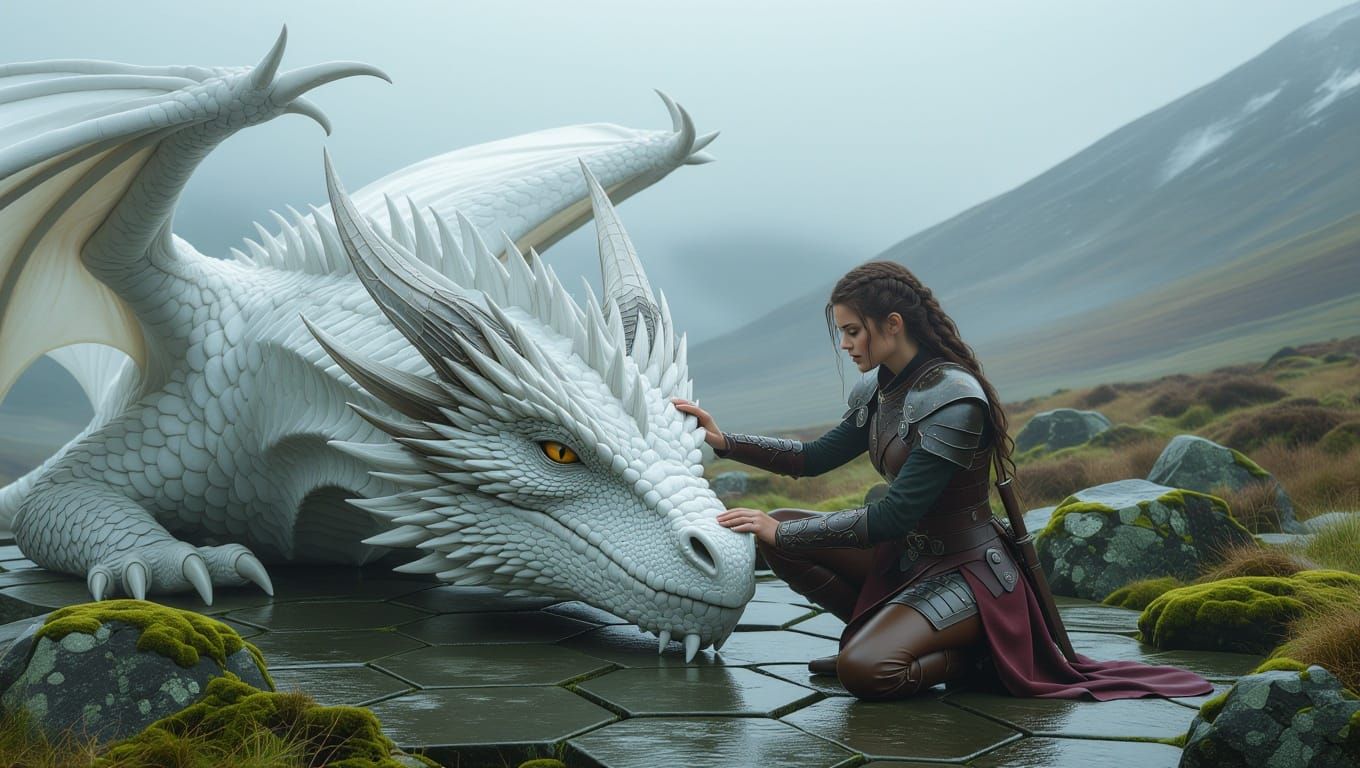 Warrior Girl and White Dragon in Misty Highlands