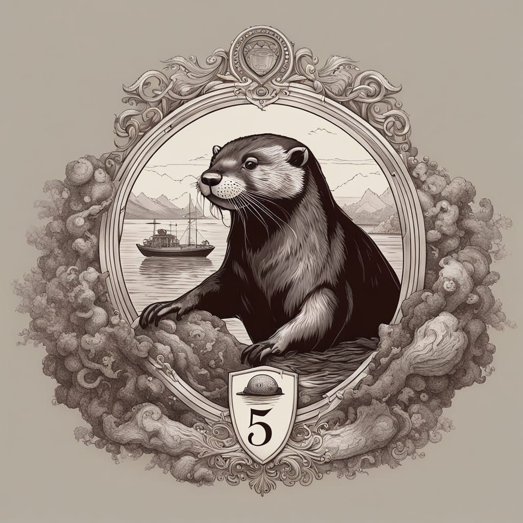 Otter Family Crest Opens Clam With Rock - Fantasy Concept Ar...