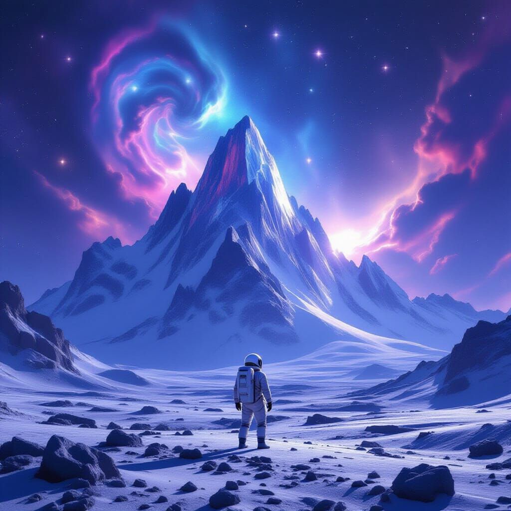 Astronaut on Alien Planet Gazing at Crystal Mountains