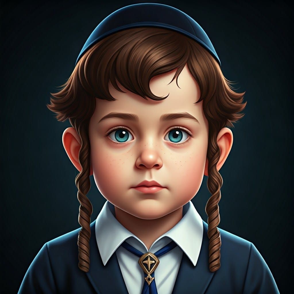 Detailed 3D Anime Portrait of Ultra-Orthodox Jewish Boy