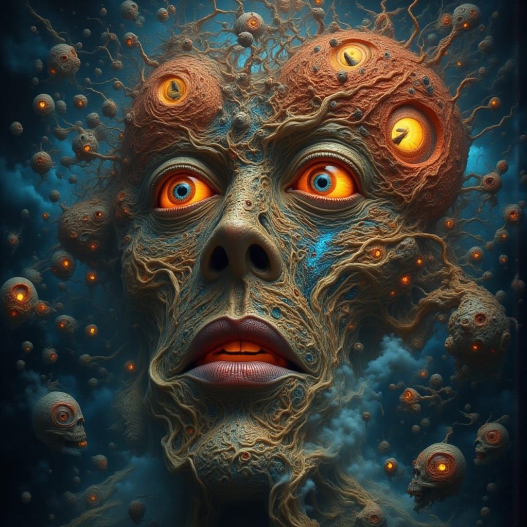 Fractal-Faced Man with Screaming Humans in Surreal Style