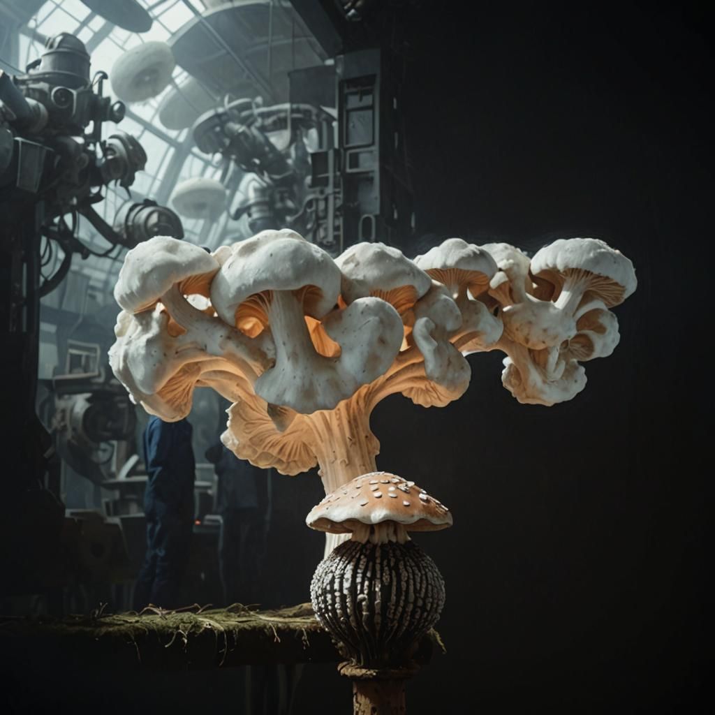 Linocut: Indonesian Workers Tending Giant Mushrooms