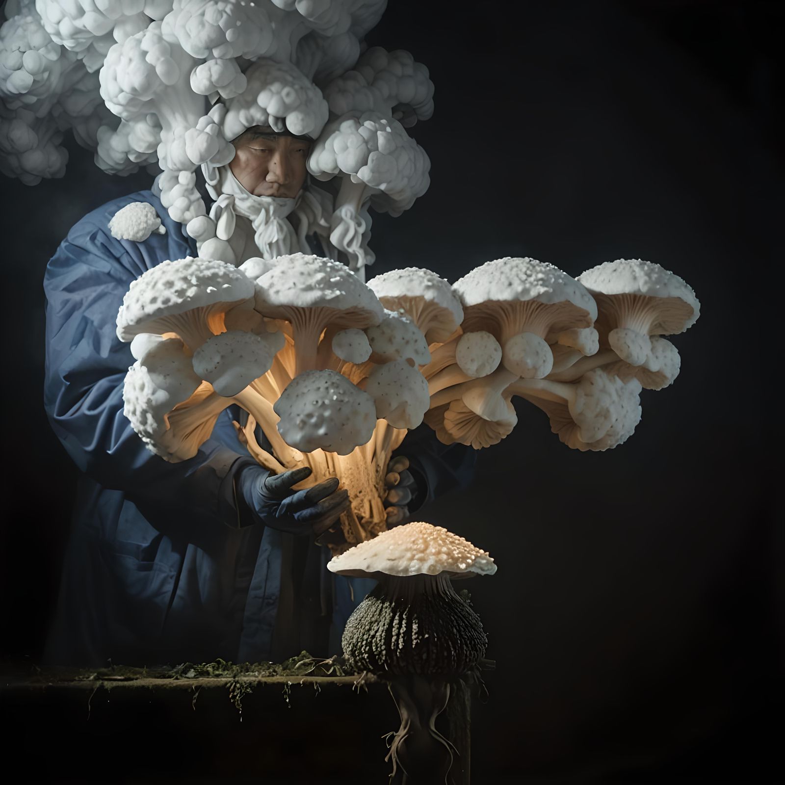 Linocut Mushroom Harvesters in Blue and White