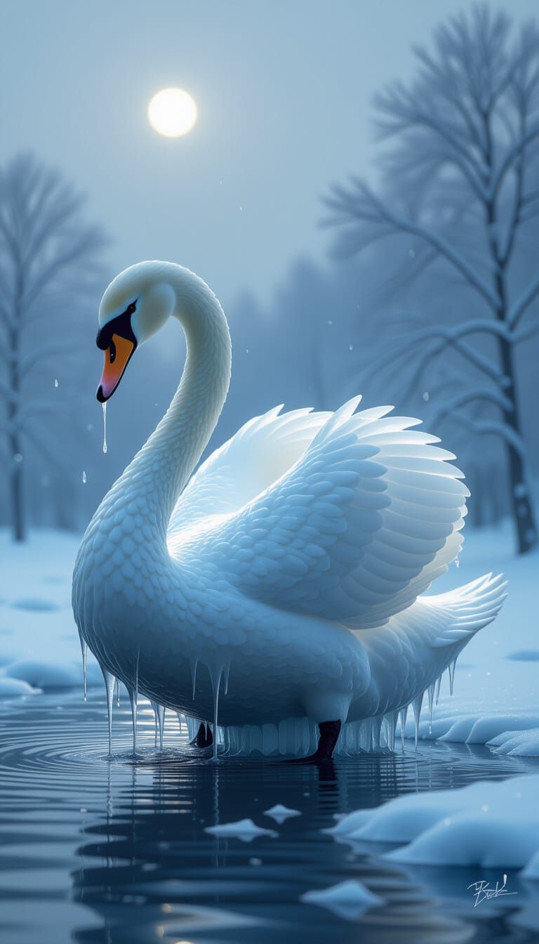 Melting Ice Swan Sculpture in Ethereal Light