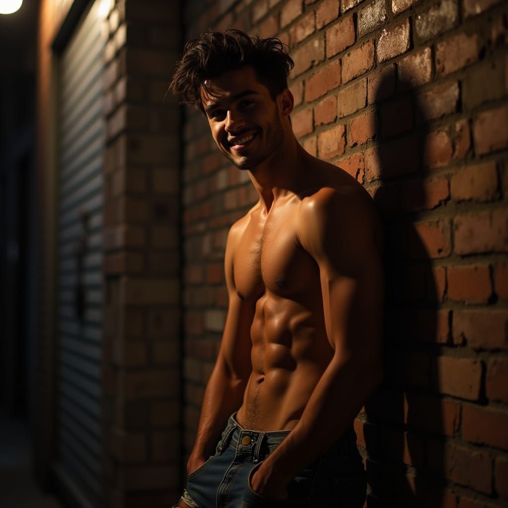 Handsome Jock Leans Against Brick Wall at Night