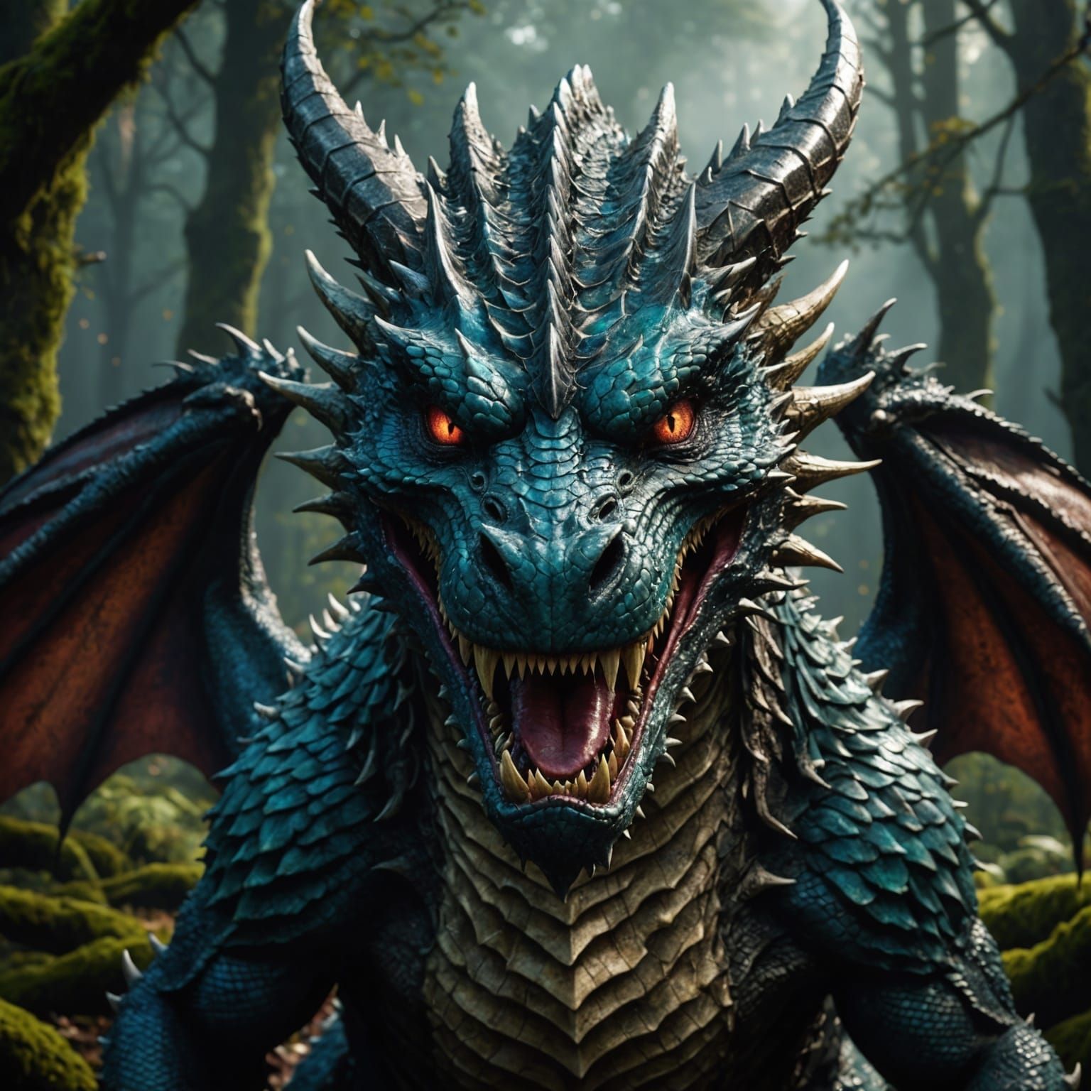 Hyperrealistic Dragon Portrait in Dark Forest, 8K