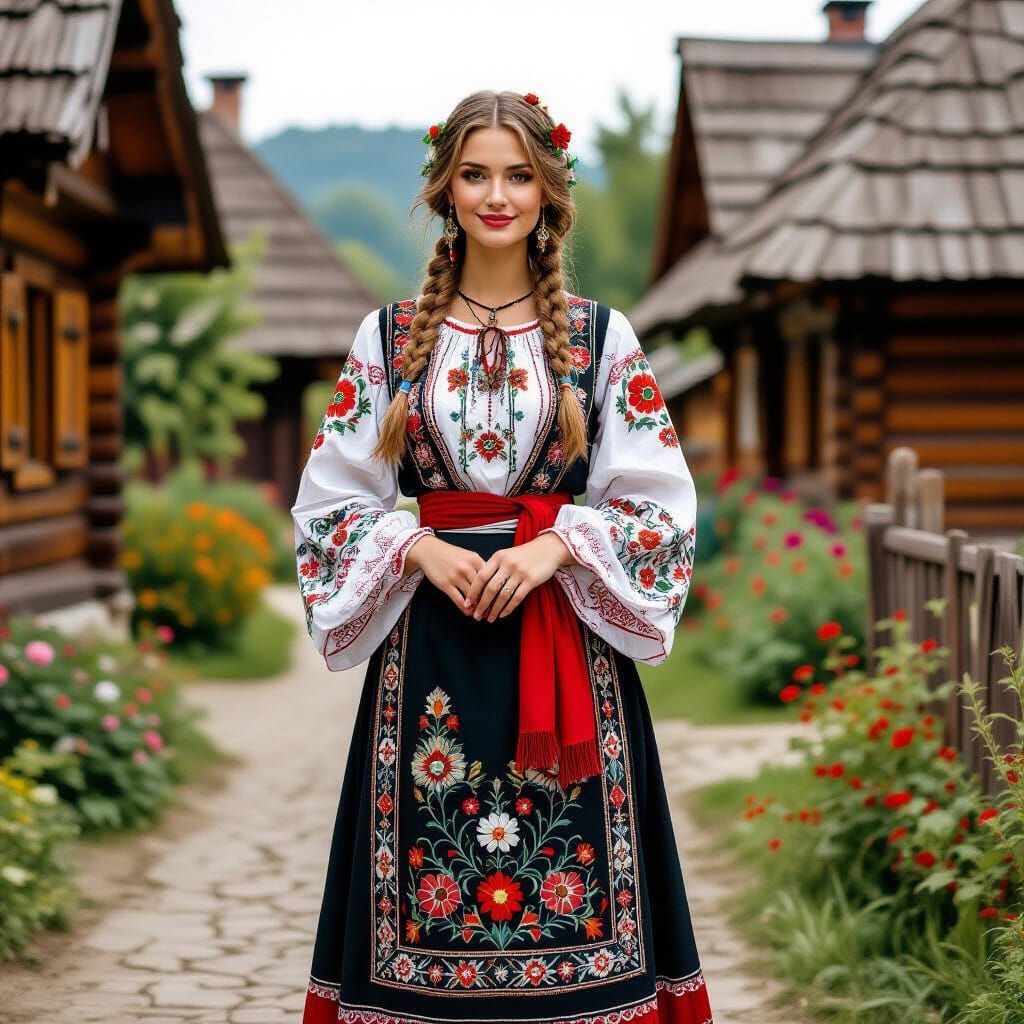 Slavic Woman in Embroidered Clothing, Art Nouveau Style