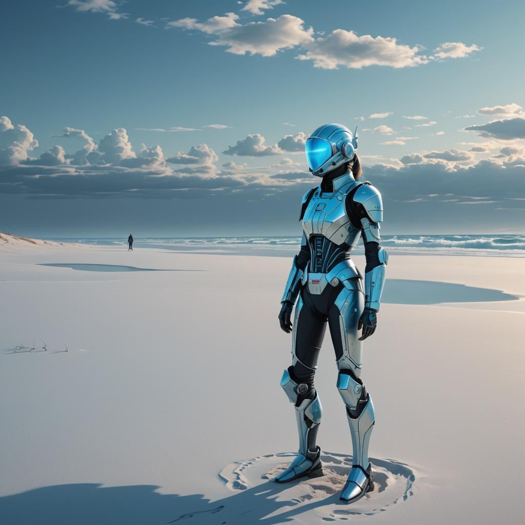 Futuristic Woman in Armor on White Sand Beach