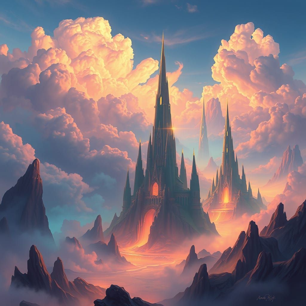 Luminous, Dreamlike Realm with Majestic Spires and Iridescen...