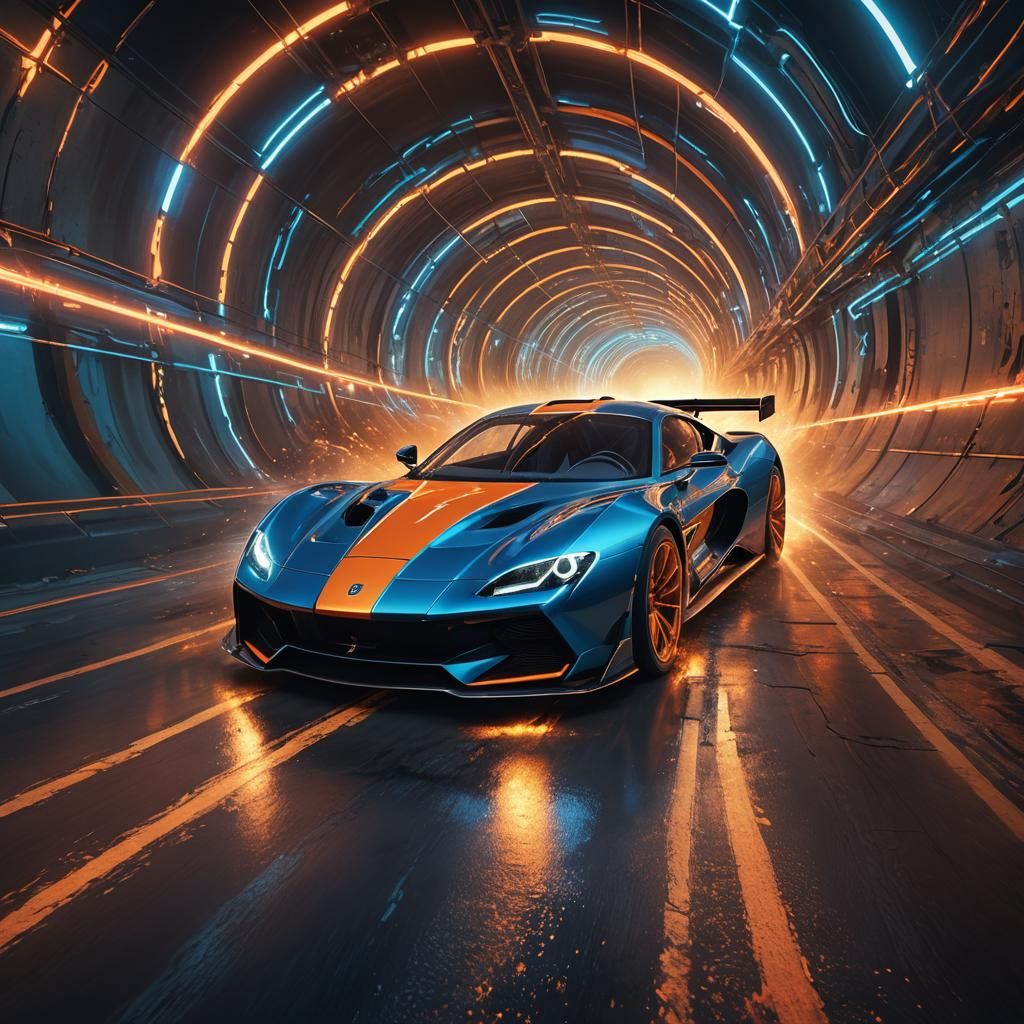 Neon Racing Car in Mystical Tunnel, Digital Art