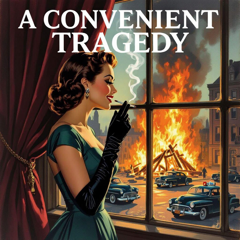 1950s Film Noir Scene of a Woman Watching a Fire