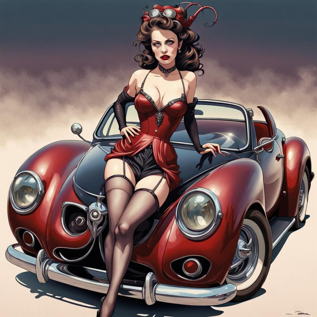 Pinup girl in red with black stockings posing on Italian convertible sorts car fantasy art
