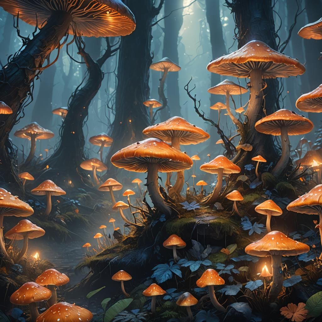 Evil Mushroom Fairies in Misty Forest: Fantasy Art
