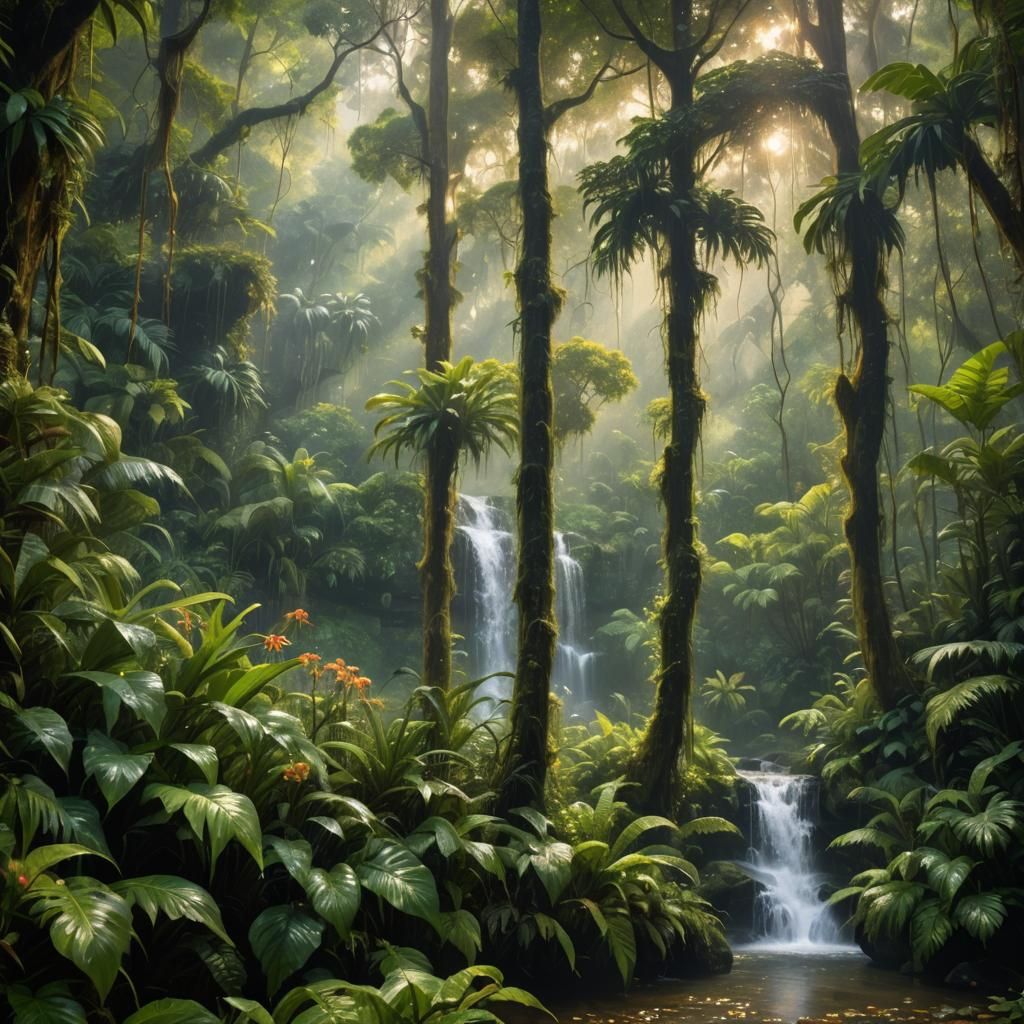 Lush Rainforest Waterfall in Impressionistic Fantasy Style