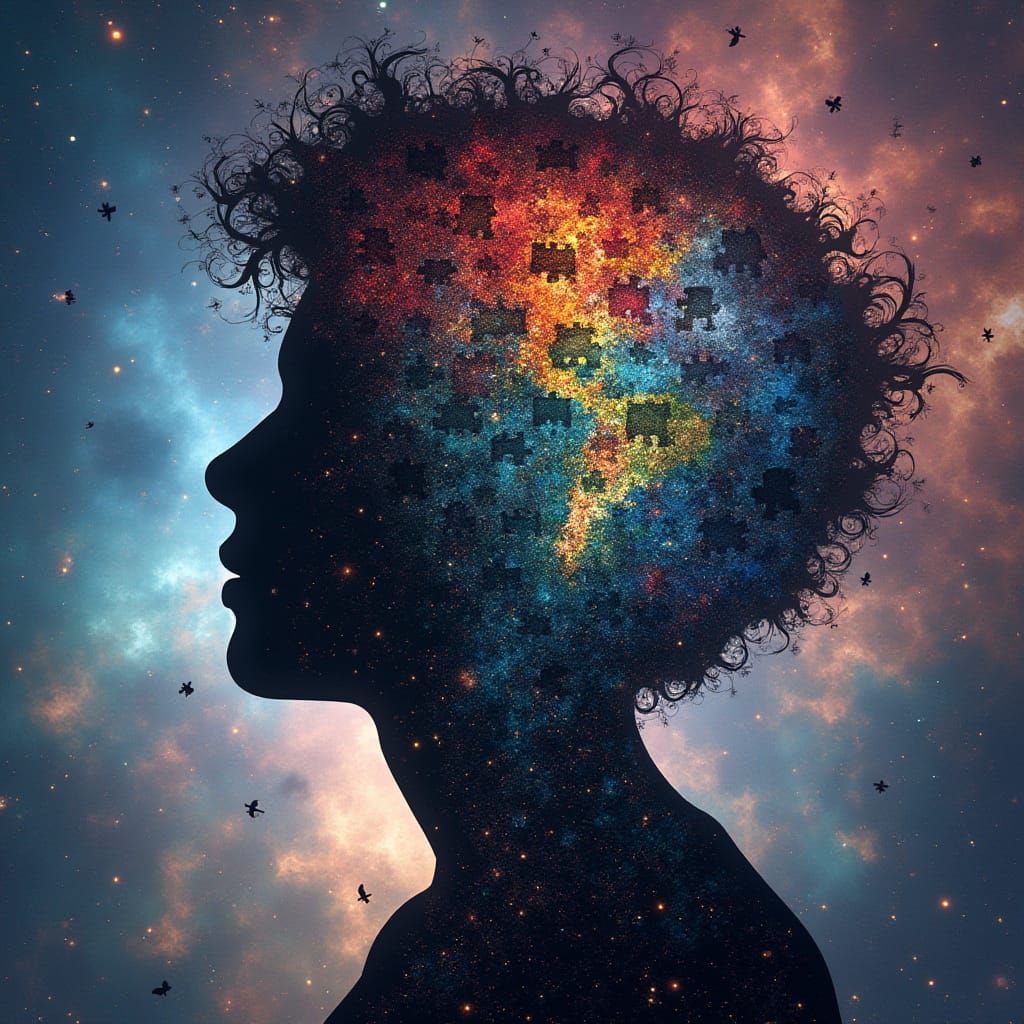 Human Silhouette of Cultural Puzzle Pieces in Galaxy