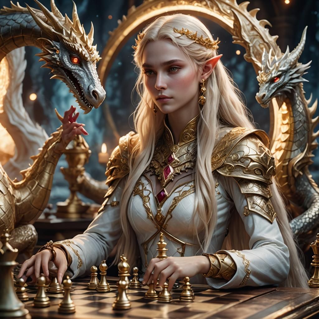 Elf Goddess and Moon Dragon Fantasy Art