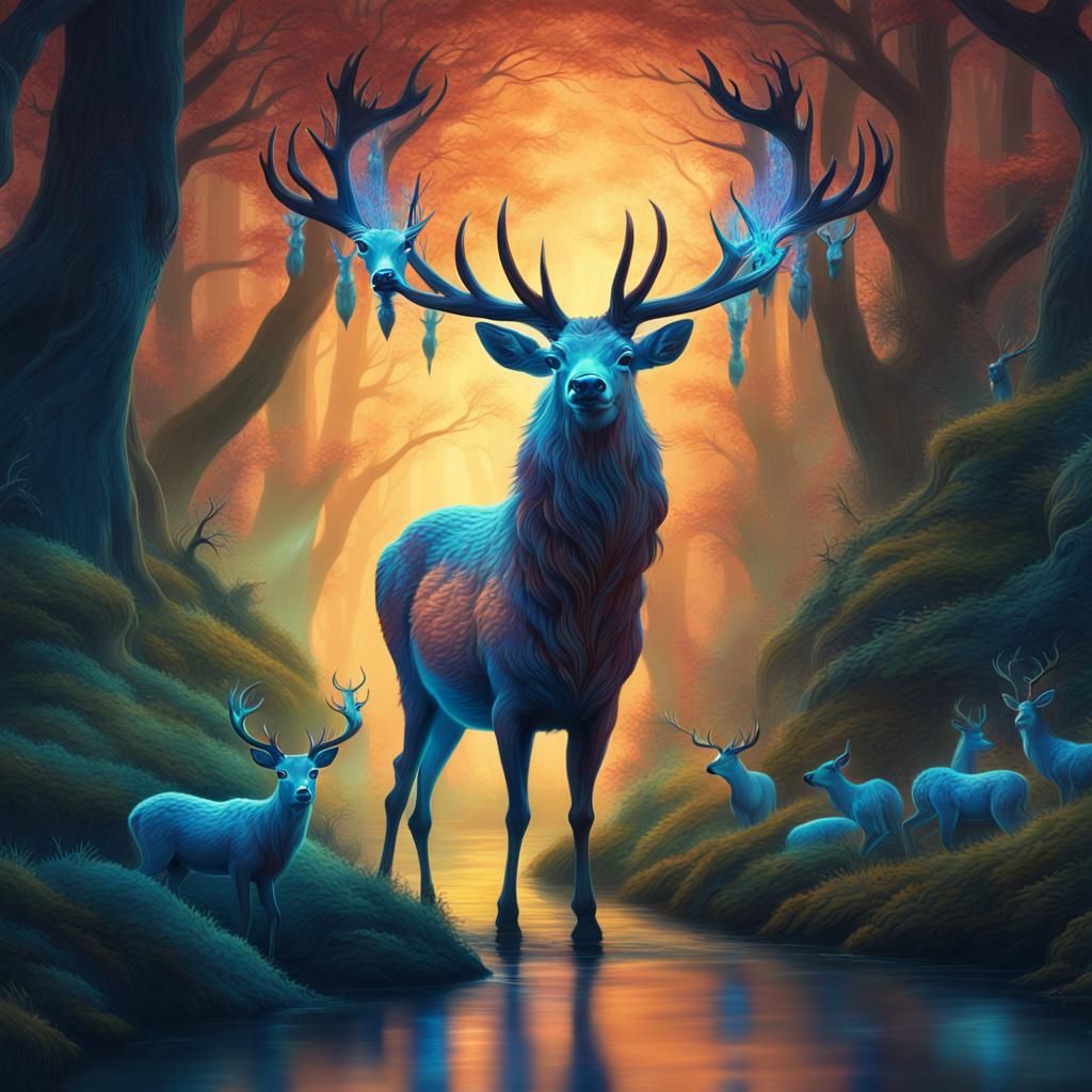 Bioluminescent Stag Leads Forest Procession: Fantasy Concept...