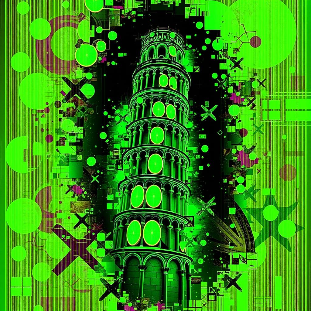 Neon Fruit Tower of Pisa in Glitch Art Style